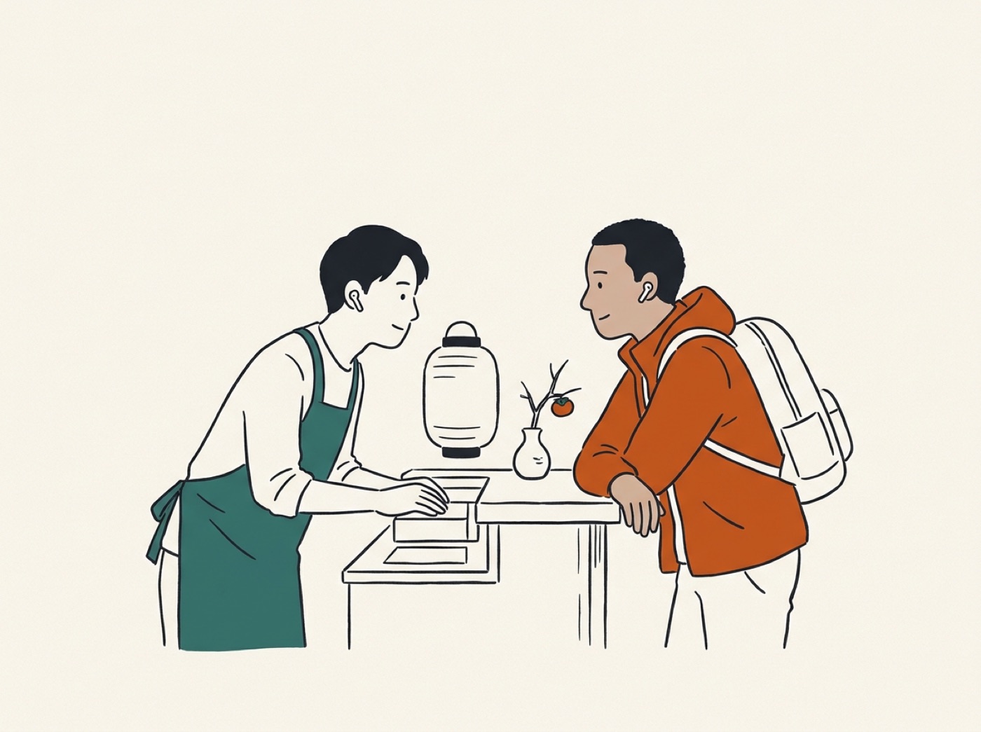 宿の受付で、エプロンのスタッフとリュックの旅行者が、片耳ずつイヤホンを着けて話している