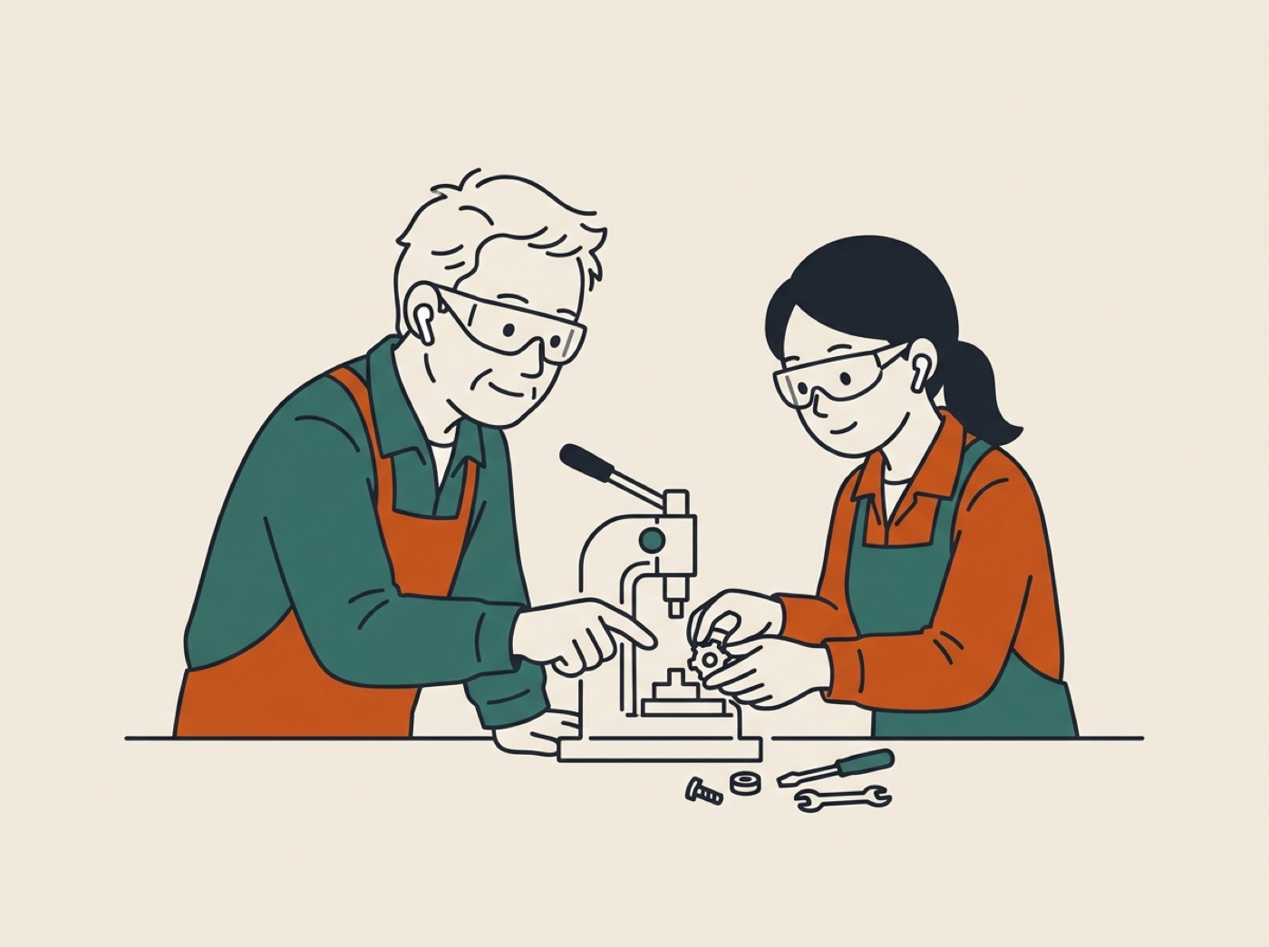 作業場で、年配の作業者が若い同僚に治具の使い方を教えている。2 人とも片耳にイヤホン